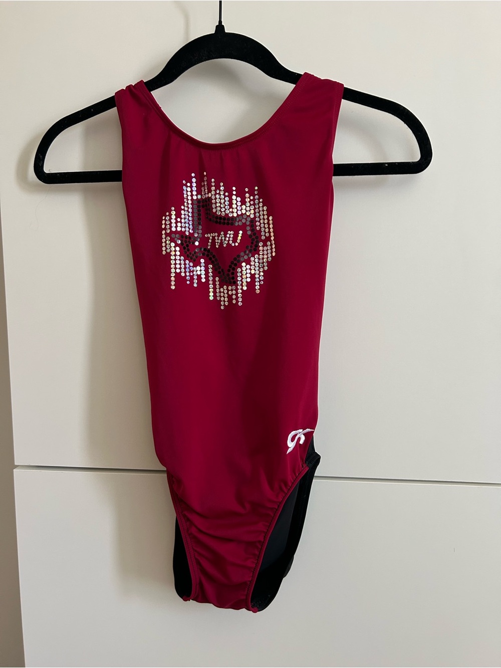GK Red Leotard with Sequin TWU Design, Criss Cross Back Strap - Size AM